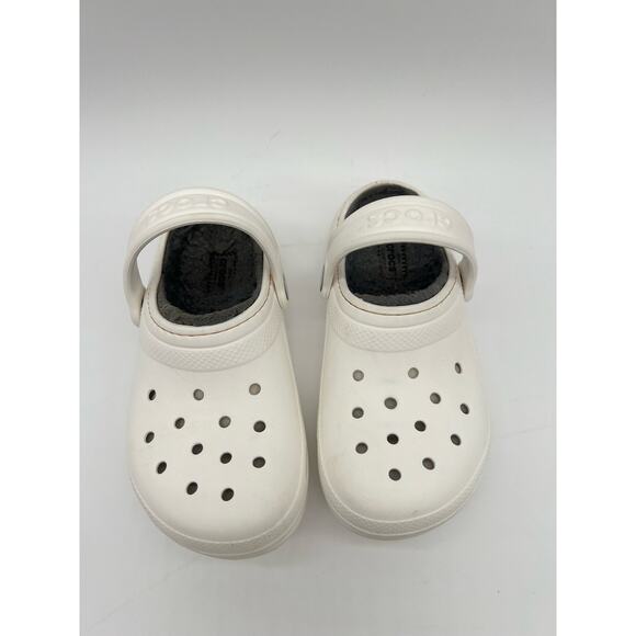Crocs Sandals Clogs Shoes Kids Children’s 1 Lined Croc White Gray Fuzzy Insole - Picture 12 of 12